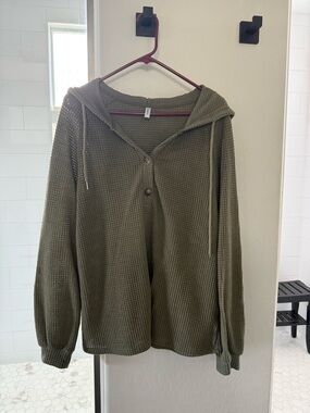 Relaxed Olive Hooded Waffle Knit Cardigan Sweater